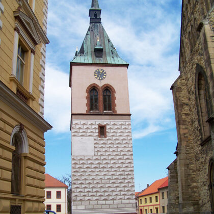 The bell tower at the church of St. Stephen, photo by ŠJů, Wikipedia